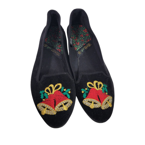 Christmas Bells Flats Black Velvet Velour Loafers Festive Holiday XMas Shoes 8 - Picture 9 of 12